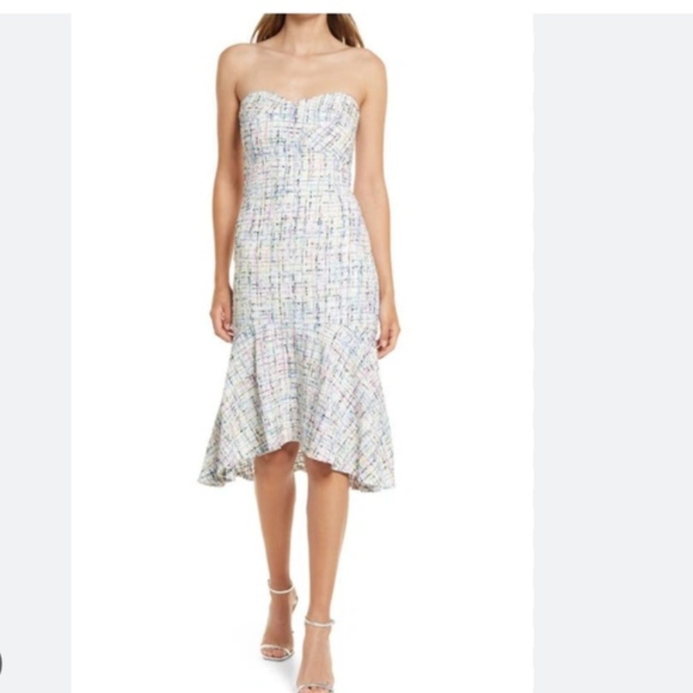 Sam Edelman Ivory Confetti‎ Strapless tweed boucle look flounce hi lo hem Dress